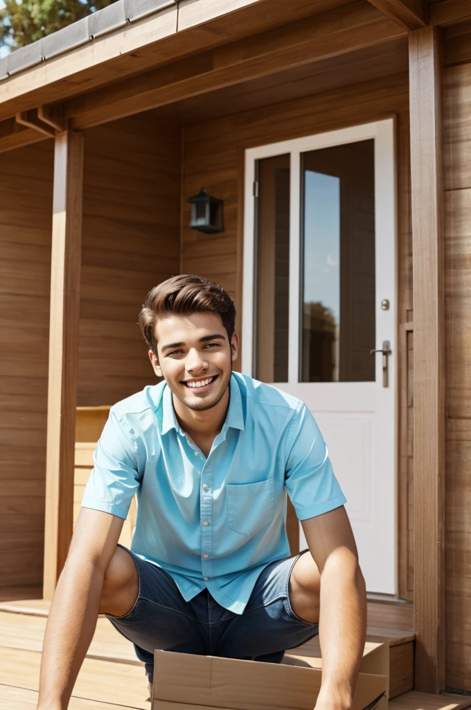 Young man happy to have bought his own house

