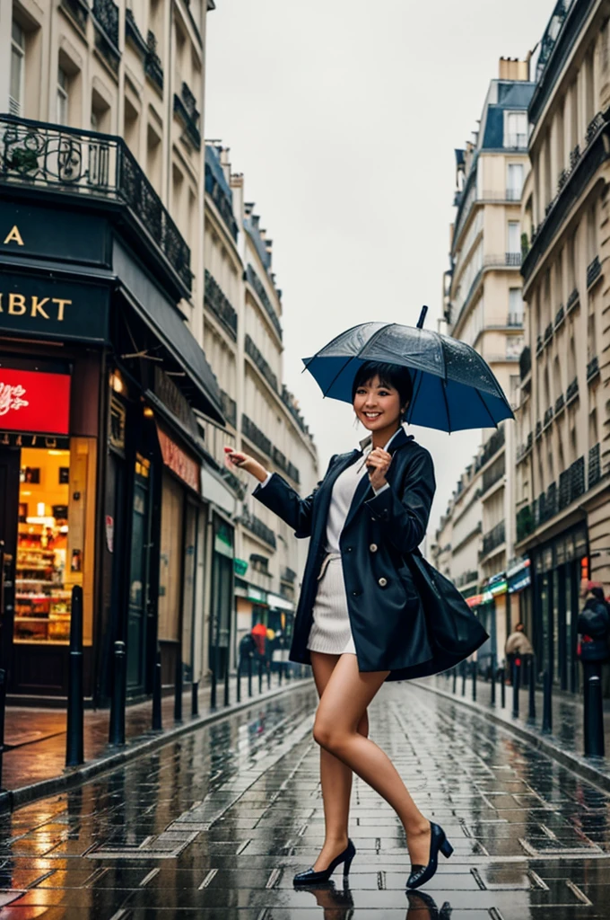 Asian girl with an umbrella dancing in the rain in Paris.