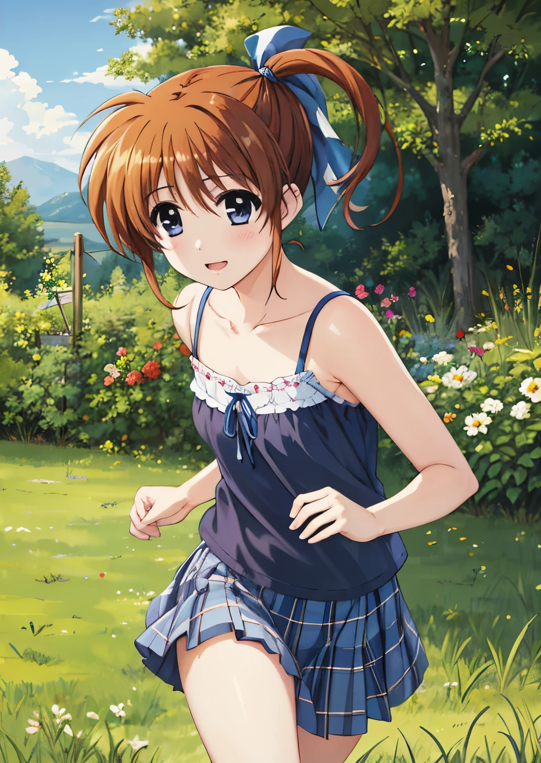 Nanoha,1 Girl, 高町Nanoha, (Running:1.2),Medium Hair, bangs, Hair between the eyes,Wavy Hair、 Looking at the audience, whole body, Front view:0.6, (Beautiful views), garden, camisole, 白のcamisole , Grey plaid pleated skirt,(Flowing Grass:1.2),(Genuine、Realistic、Realistic:1.30)、High resolution、超High resolution、Ultra-fine painting、Sharp focus、Physically Based Rendering、Cowboy Shot