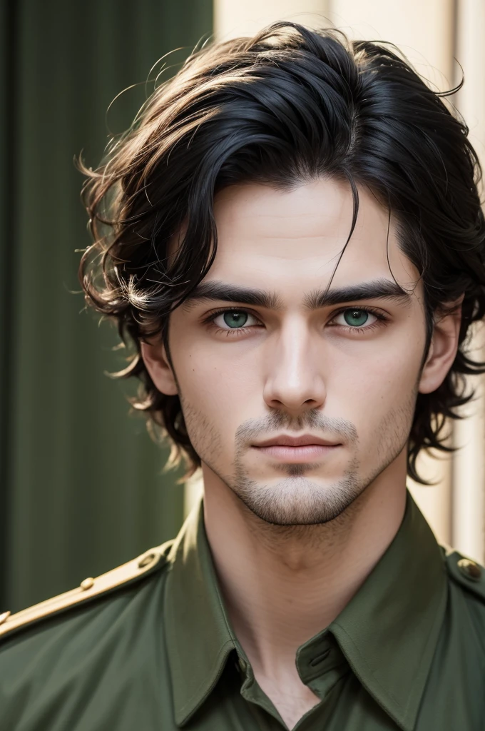 photograph of a man, age 28, militar, blackquality hair, dark green eyes, face with strong features, warm skin, best qualityer 