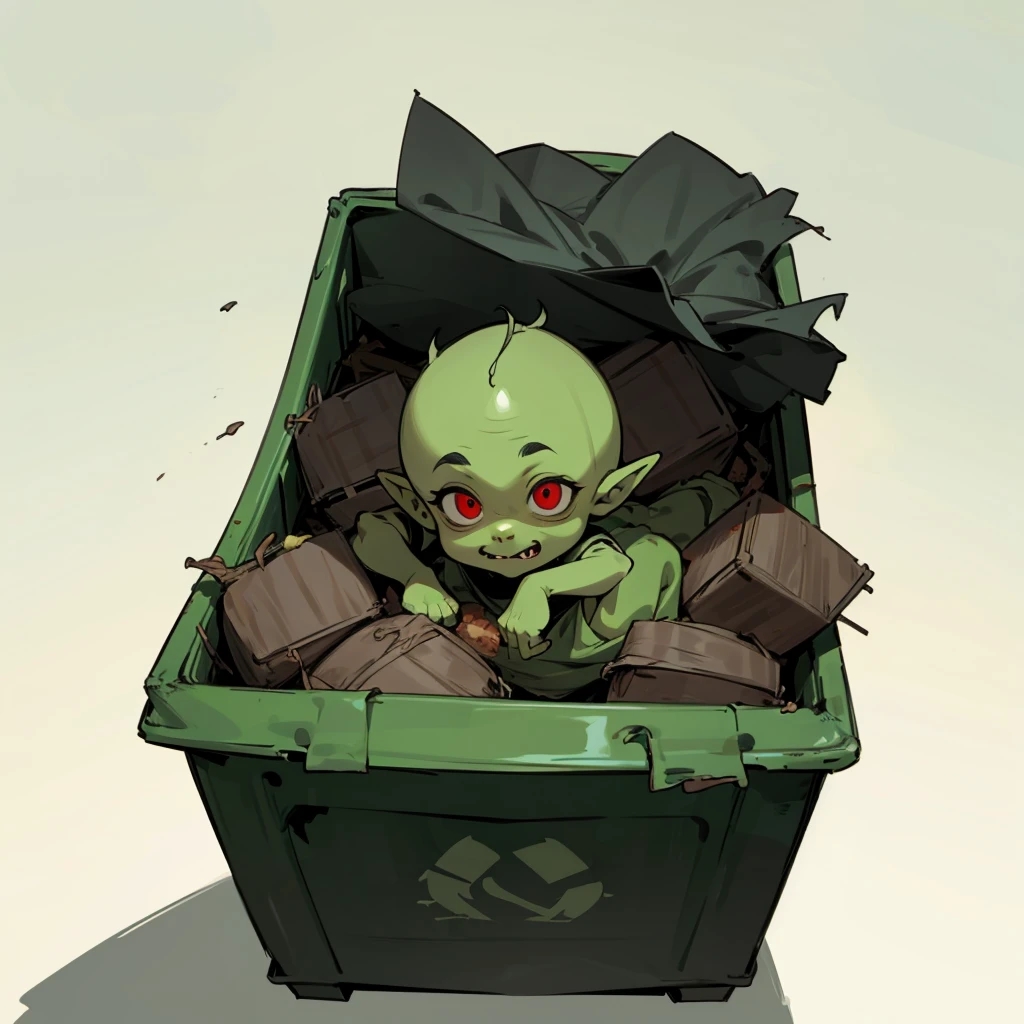 1Goblin baby boy is piled up in a trash container, bald, green skins, red eyes, with trashy, Grassroots background, rubbish, foul smelling smoke, (shadow background)