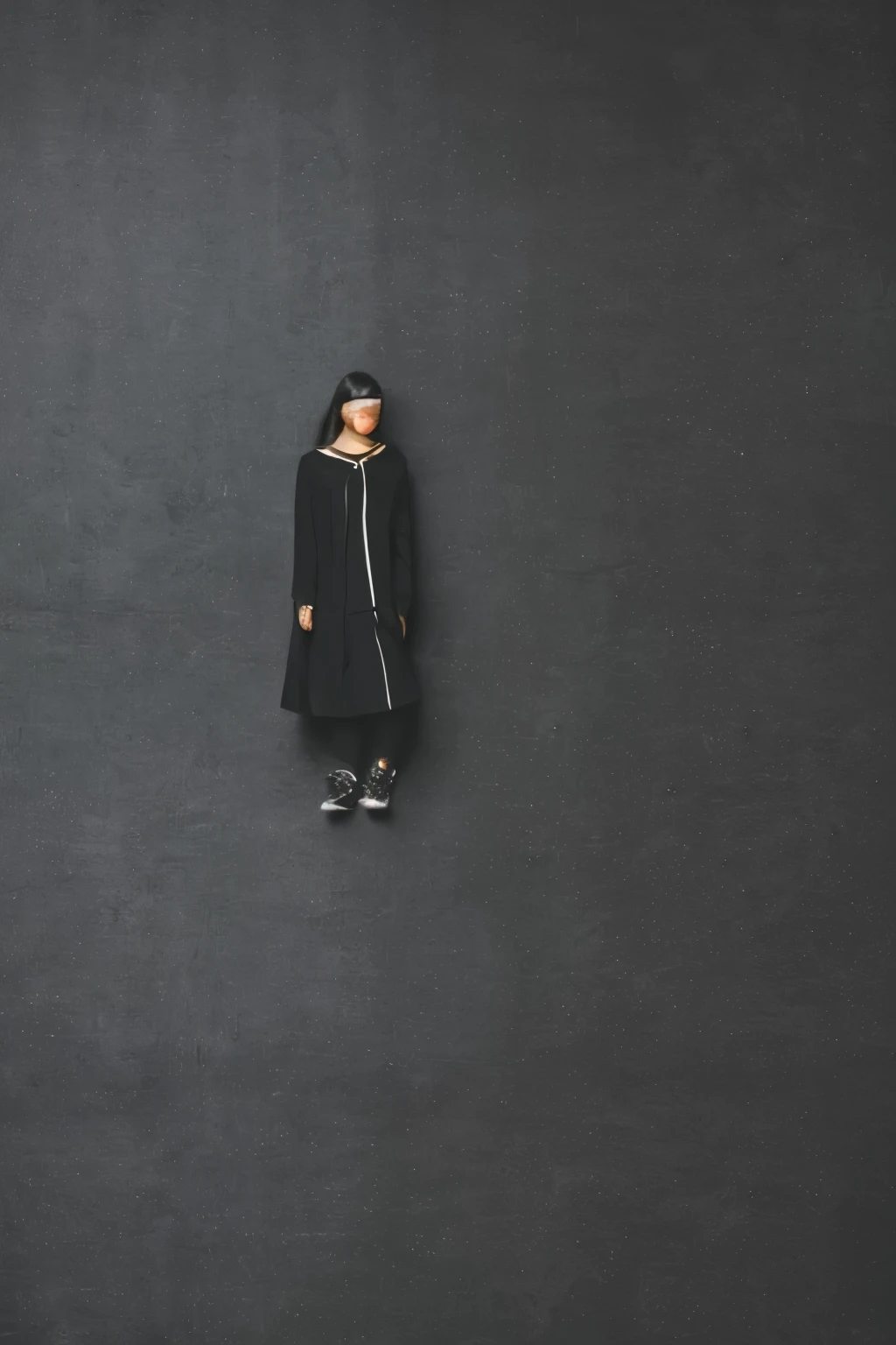 1 Female, (((In front of me is a huge black canvas))), Alone in this empty, black world, There's a black canvas that appears before my eyes, ((A single white line is being drawn on the wall with a brush))