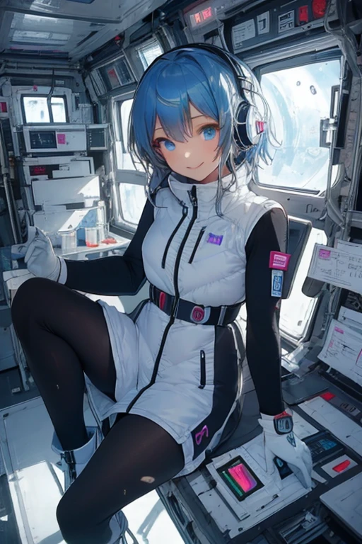 masterpiece, highest quality, high resolution, breasts, 20yo,1 girl,(solo):2,,blonde hair,(inside space station):2,flying:2,floatong:2,zero gravity,wind:1.5,anime lovelive style,

BREAK
headphone,(futurstic tight-fit bodysuit):2,(shiny silver long downvest):100,(northface silver metallic puffy downvest):2,(puffy):2,(black sleeves):5,(black tights):2,(black belt),futuristic boots and gloves,(smartwatch):100,astrovest
BREAK
1 girls, sitting in spacecraft cabin with 4-point seat belt, securely fastened, space station interior, looking out of large windows at Earth below, beautiful eyes, she have aluminum foil pouch,(aluminum foil pouch with plastic viewing window):2, contains nutritious liquid or puree together, smiling and chatting, bright and cheerful expressions, high quality cinematic lighting, detailed textures, sharp focus,blue hair,blue eyes,
