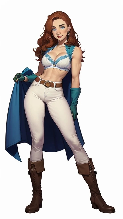 (cartoon style:1.2), Drawings of (Ginevra Molly Weasley), he used to smile, perfect green eyes, face detailed, White background, fun pose, seducing gaze,Full body wearing the Sanserina uniform, beautiful medium breasts and wonderful body cartoon style digital illustration. Wearing pantiesJennifer Connelly , , white bra, green vest, sleeveless, へそ, blue jeans, Brown boots, gloves fingerless, short gloves, slightly-smile, shorth hair, wavy hair, parted bangs, blue colored eyes, wart under the right eye, old american west, sunny desert background, waist belt, best quality, Obra de arte Jennifer Connelly