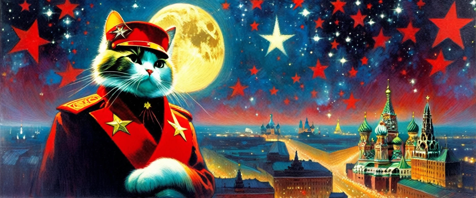 1communist cat, red star, magic, fantastic, night sky, moon, stars, background, Moscow (art inspired in Bill Sienkiewicz). oil painting)