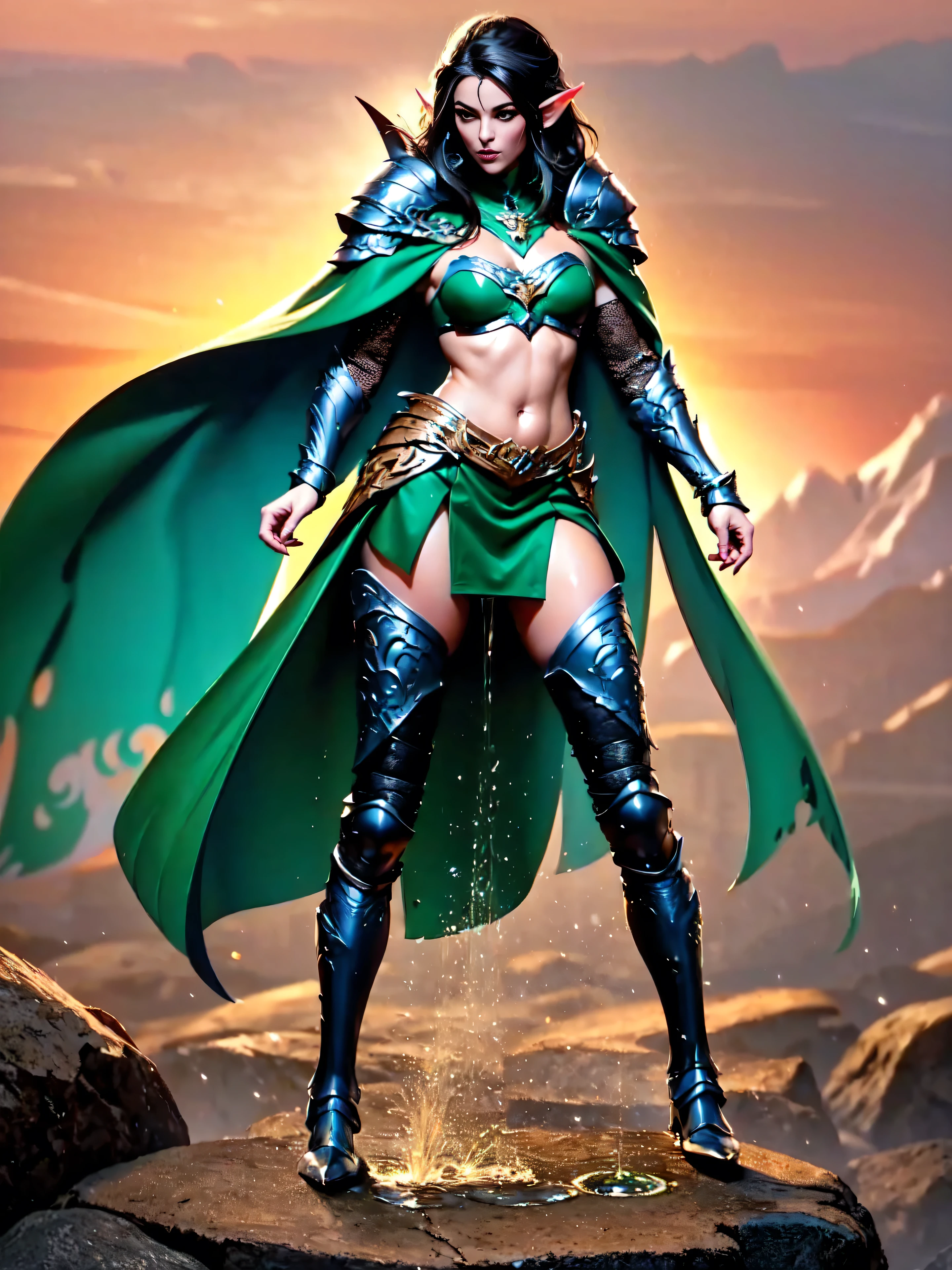 (masterpiece, clean, 8K, high res), pov, from front, full body portrait of one beautiful woman, extremely detailed face, (tall, slender body, narrow waist) , ((black hair with blue highlights)) , small breasts,  wearing intricate green and white armor, ((elven chest armor, armored bra)) , elven torso armor, (green mini skirt), belt, cape, tiara,  , (legs apart), (showing panties:1.1)、(lifted skirt:1.2) , (white panties:1.5),  (standing on a rock: 1.2)、(peeing self:1.2), (pee running down legs:1.2 ), wet panties, wet pants, (pee spray falling between legs:1.2 ), (pee puddle:0.5 ), (droplets of yellow liquid on thighs and panties:1.1 ), (stream of yellow liquid falling between legs starting at subject crouch) , (super beautiful)、(beautiful face:1.5), sunset lighting, deep shadows, (mountain forest background) ,  an elven ranger 