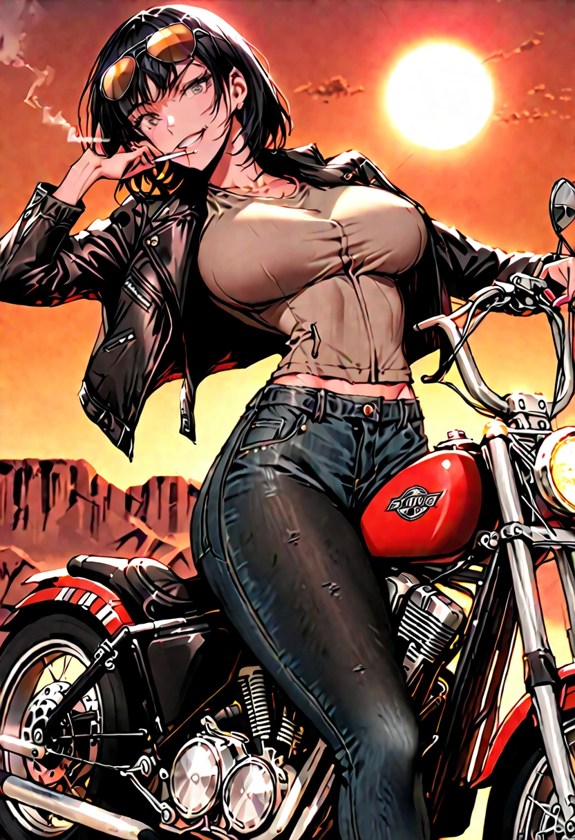 female, short messy black hair, aviator sunglasses, cigarette in mouth, black leather jacket, worn jeans, leather boots, huge chopper motorcycle, desert landscape, sun above, bike gang, close up, huge breasts, defiant smile, leaning back, standing