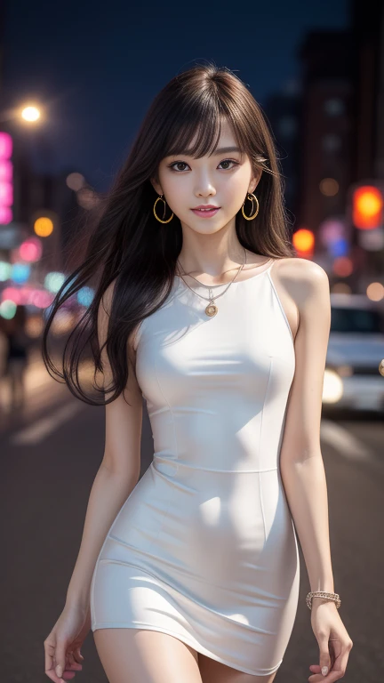 8K, masterpiece, RAW Photos, Highest quality, detailed:1.2),Realistic, Extremely detaileded CG unifies 8K wallpapers, Depth of written boundary, Cinematic Light, Lens flare, Ray Tracing, (Very beautiful face, Beautiful Lips, Beautiful Eyes), intricate detailed face, ((ultra detaileded skin)) One girl, In the Dark, Deep Shadow, Cute Korean Girl, K-Pop Idols,(Very slim and slender muscular body:1.3), ((Displaying the viewer)),(Big smile), (Skinny Mini Dress),(Pink Dress), (Injection Sleeve) , (City night, (Neon Signs), (night), Cute Korean Girl, Earrings, Bangles, necklace, pantyhose, Clear Eyes, walking , (Pale skin), Look forward, (Big eyes), ((Upper Body Shot)), Wear tight, Silk dress , Turn back, Buckshot, Very slim, Defamation