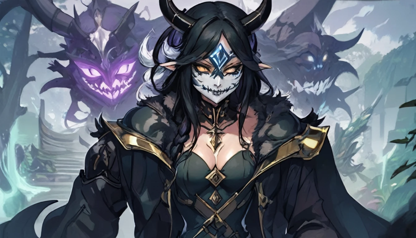 demon mask, sword on the hand,close up, black heavy detailed clothes, hand katana, art, dark and malevolent, hand sword, armor, powerful and intimidating, (masterpiece, best quality, ultra-detailed, best shadow), (detailed background, dark fantasy) dramatic light, intricate details, dark and malevolent, powerful and intimidating, Dark and foreboding, malevolent force, sinister and chilling, armor, high detailed background, girl in demon slayer art, demon slayer art style, epic anime art, God death