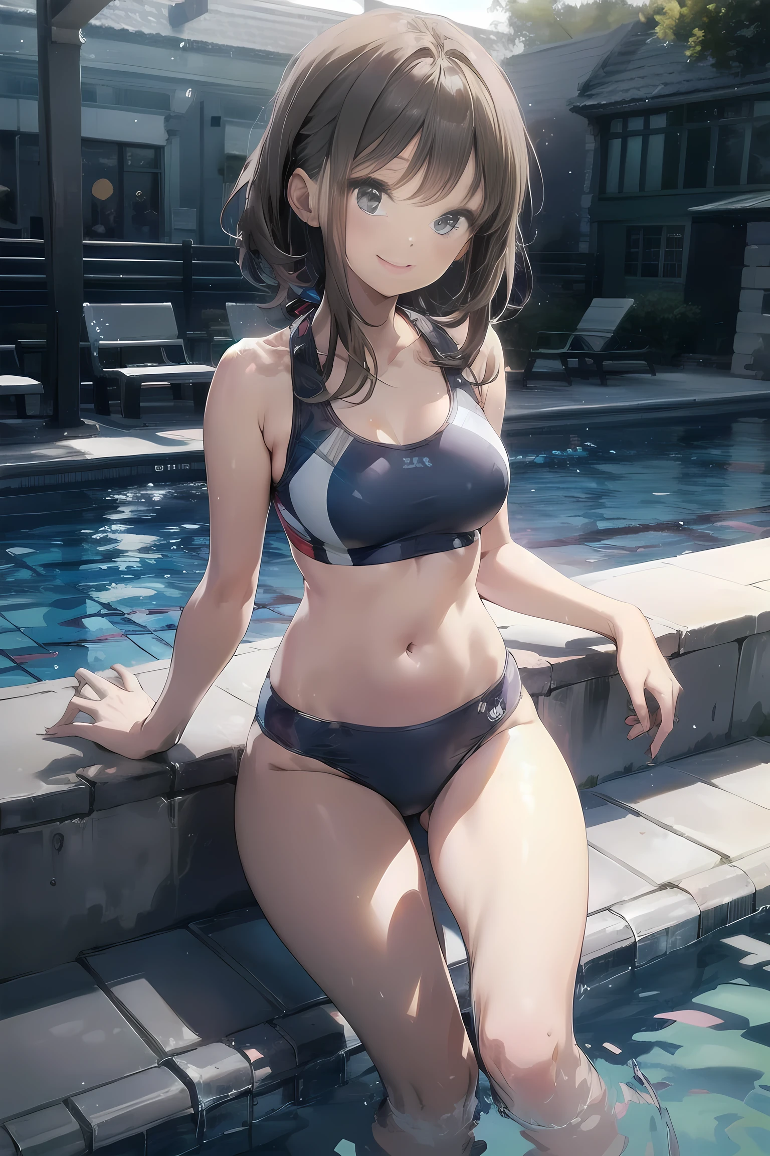 high quality, 最high quality, Complete limbs, Ultra-high resolution, Bright light, cute girl, Slender beauty, smile, Wearing a shiny school swimsuit, Glowing Skin, Tiny Breasts, Pool
