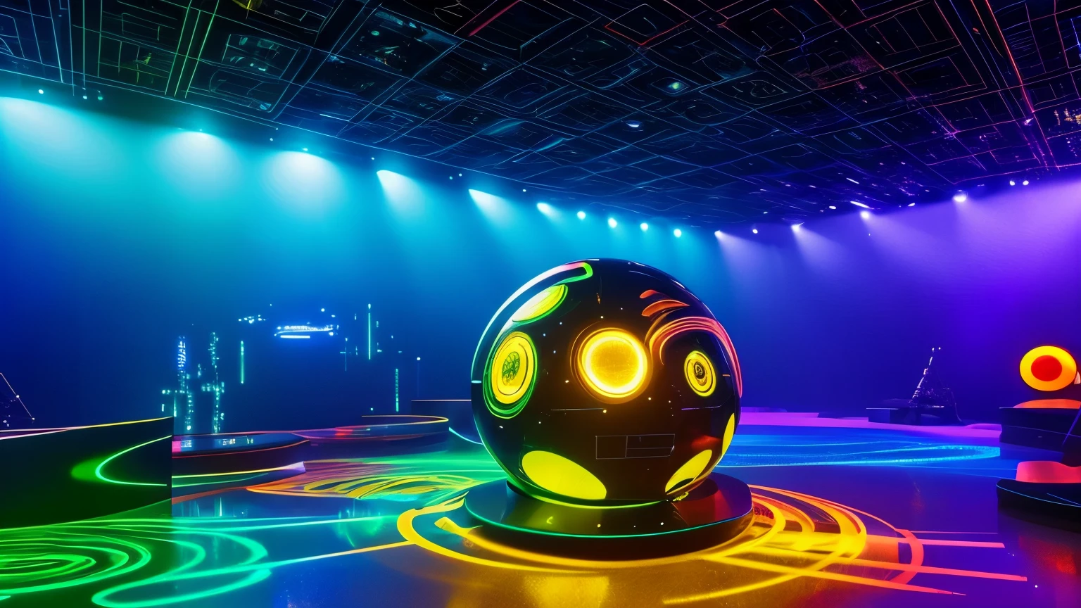 Cyber Environment: A stage surrounded by a translucent glass sphere, where digital data and code patterns continually flow across the surface. LED lights embedded in the glass flash in sync with the music, creating a hypnotic effect of abstract colors and shapes. A ROBOT UNIQUE IN THE UNBIVERSE GOLD METALIC COLOR PLAYING IN THE MEDLE OF THE AMBIENTE