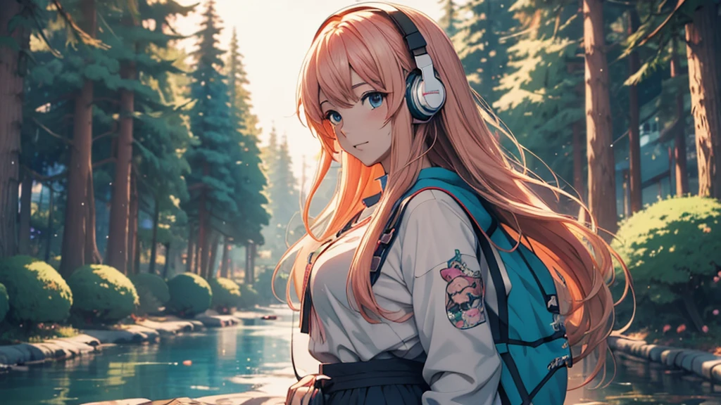 Woman wearing headphones, Anime Style 4 k, anime wallpaper 4k, anime wallpaper 4k, 4k anime wallpaper, anime art wallpaper 4k, anime art wallpaper 4k, Anime Style. 8K, Anime atmosphere, , Ultra HD Anime Wallpaper, Anime Art Wallpaper 8K, Anime Background,landscape、camp、camp、forest