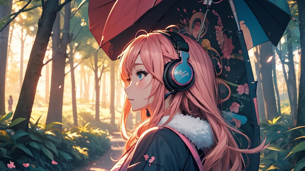 Woman wearing headphones, Anime Style 4 k, anime wallpaper 4k, anime wallpaper 4k, 4k anime wallpaper, anime art wallpaper 4k, anime art wallpaper 4k, Anime Style. 8K, Anime atmosphere, , Ultra HD Anime Wallpaper, Anime Art Wallpaper 8K, Anime Background,landscape、camp、camp、forest