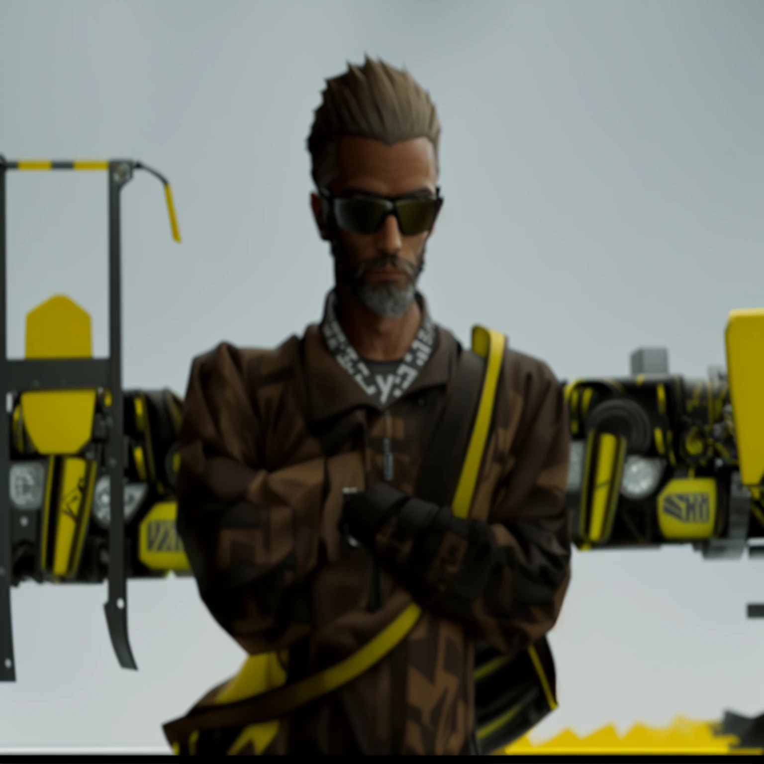 there is a man with a beard and a watch standing in front of a snowboard, ovelha, second life avatar, upper body avatar, 3D Demo Reel Avatar, response styles use, mechanical punk clothing, black and yellow, like a GTAV character, avatar image, yellow and black, gang saints wear yellow bandanas, inspired by Stan Stokes