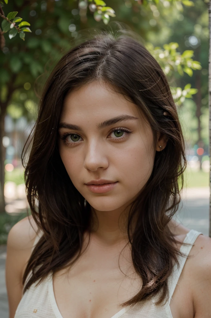 A photorealistic portrait of a 19-year-old italian girl with long, flowing claire hair and striking green eyes. She should have a natural, approachable expression and be illuminated by soft, golden-hour sunlight. The background should be a scenic outdoor setting, perhaps a sunlit park or beach. Capture this image with a high-resolution photograph using an 85mm lens for a flattering perspective.