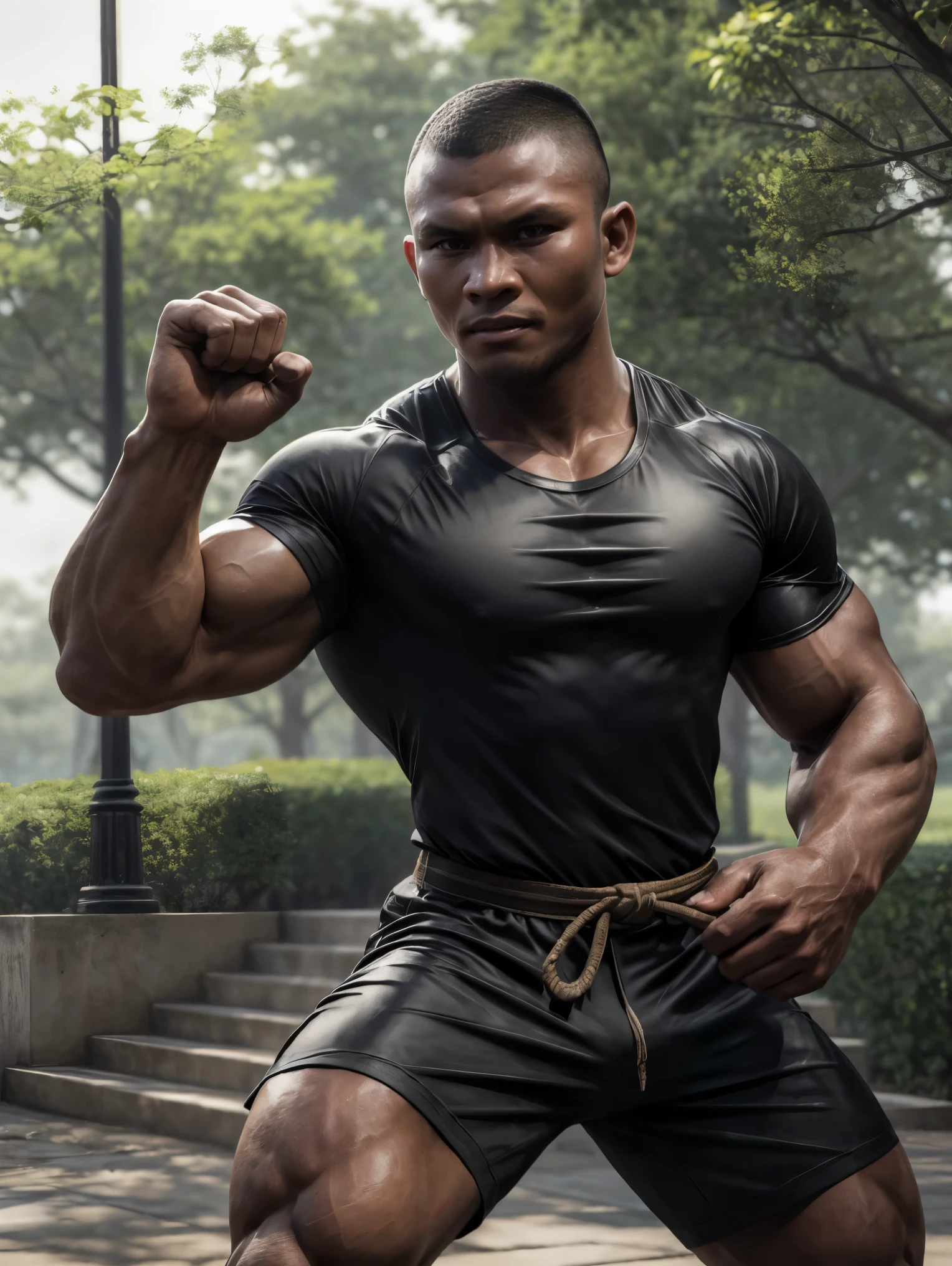 ultra realistic, unreal engine 5, anatomically correct, detailed eyes, detailed face, black eyes, male focus, solo, buakaw, buakaw banchamek, very dark skin, dark-skinned male, muscular, buzz cut, ((shirt)), smirk, fighting stance, clenched hands, park, upper body,