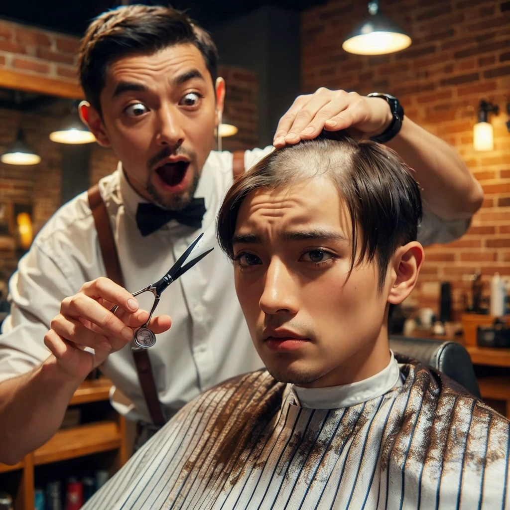 hyper realistic ,ultra detailed ,Very detailed scenes in 4K resolution asian men ,The 25 year old sat in the barber's chair with a disappointed expression.shaved the middle of his hair. A person who looked like Mr Bean next to him was holding scissors and had an exaggerated expression of surprise. The background shows a barbershop interior with brick walls and warm lighting, create a comfortable atmosphere. Exceptional clarity and detail.