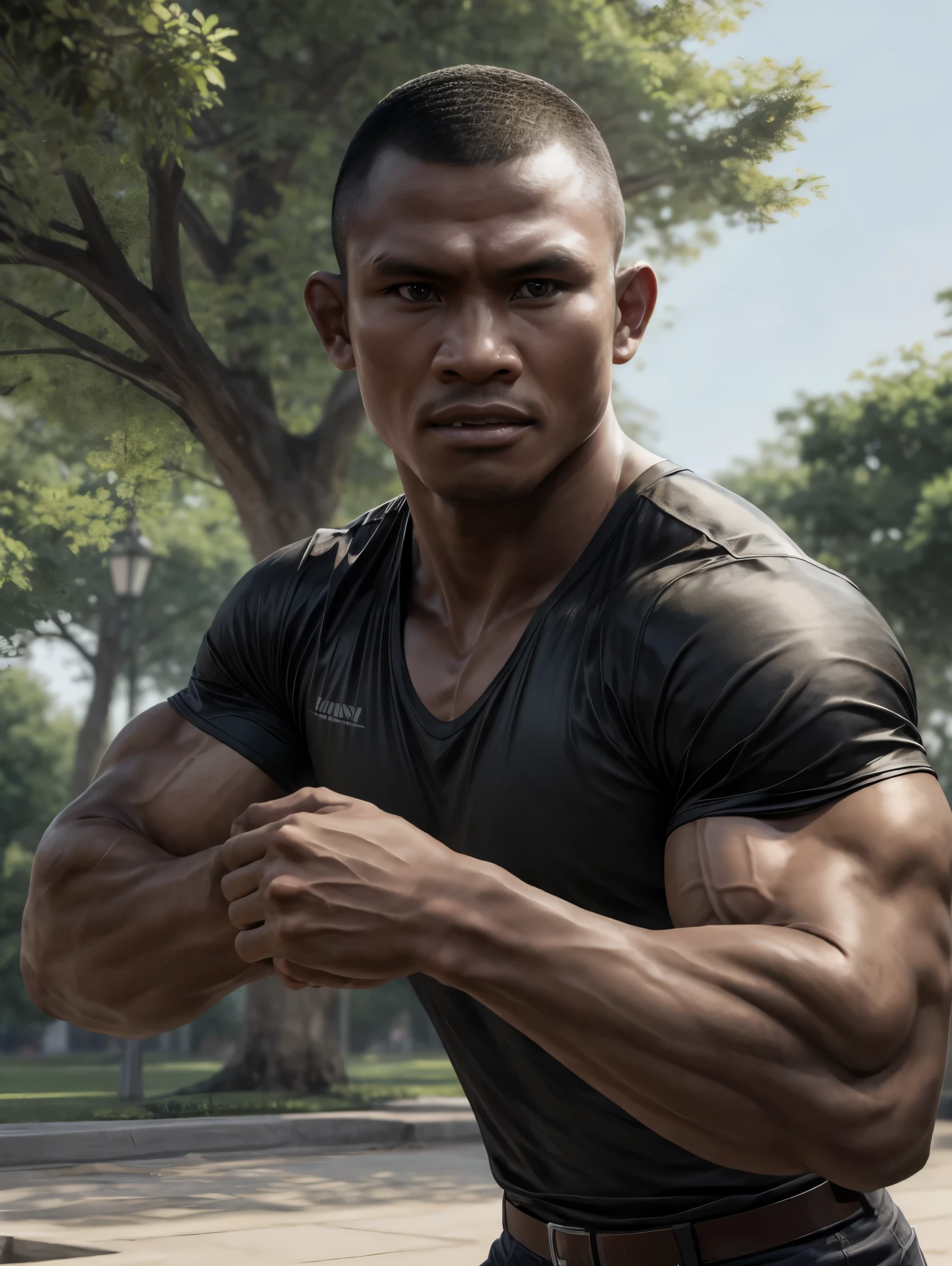 ultra realistic, unreal engine 5, anatomically correct, detailed eyes, detailed face, black eyes, male focus, solo, buakaw, buakaw banchamek, very dark skin, dark-skinned male, muscular, buzz cut, ((shirt)), smirk, fighting stance, clenched hands, park, upper body,