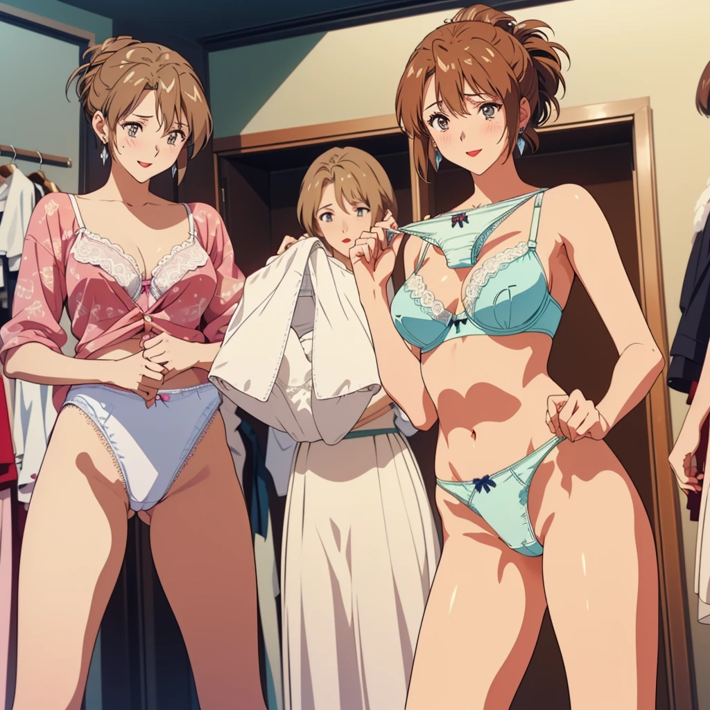 masterpiece, top quality, ultra detailed, ((((AIKA_SUMERAGI, folded ponytail, best anatomy, in underwear, (panties, elaborately designed luxury panties for adults, panties high definition images, draw panties with super precision), lace trimmed bra, extremely detailed texture, earrings, red lip, embarrassed, blush, smile)))), cowboy shot, (((underwear in dressing room))), white skin, (presenting panties), (display panties),holding panties with both hands