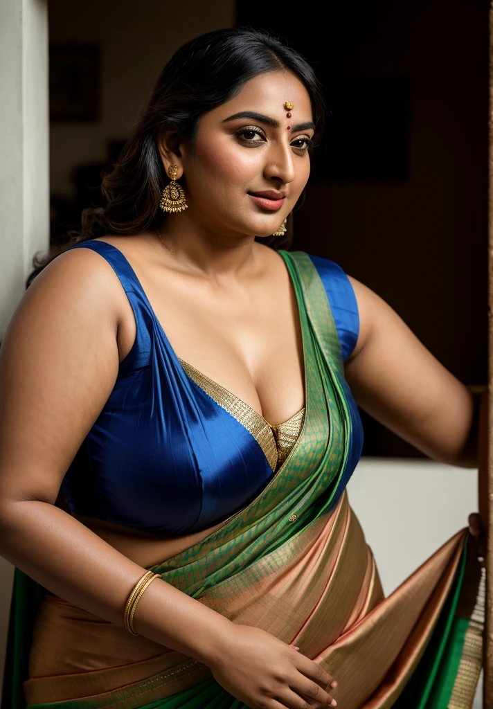 Foto RAW, photorealistic, photography, full body shot, master shot, perfect eyes, goddess like beauty, pierced eyes, perfect thick chubby mallu Desi aunty bhabhi, Wearing a Stanapatta, a chest-band.Saree model, model Photography, Indian saree shoot, Indian traditional wear advertising photography, traditional wear brand shoot, face of Indian actress Sonakshi Sinha, masterpiece, realistic, realism, incredible details, pleasure, photorealism, detailed skin, skin pores, high contrast, photorealistic Artstation 8k HD digital art trend of high definition and detailed realistic skin texture, ultra detail, realistic skin texture, armature, best quality, ultra high definition, (photorealistic:1.4),, high resolution, detail, raw photo, sweat, Re sharp, by Lee Jefferies Nikon D850 Film Stock Photo 4 Kodak Portra 400 Camera F1.6 Lens Rich Color Ultra Real Realistic Realistic Textures Dramatic Lighting Unreal Engine Trending at Art Station Cinestill 800,(pele altamente detalhada: 1.2), 8k UHD, DSLR, soft-lighting, alta qualidade, grain of film, Fujifilm XT3,she didn't like to wear blouse or bra, she is happy to wear only saree, she hates blouse or bra, detailed hairy armpits, hyper realistic skin, skin pores, sweat, veins,