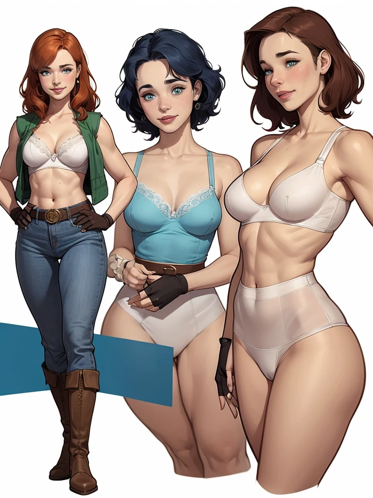 (cartoon style:1.2), Drawings of (Ginevra Molly Weasley), he used to smile, perfect green eyes, face detailed, White background, fun pose, seducing gaze,Full body wearing the Sanserina uniform, beautiful medium and wonderful body cartoon style digital illustration. Wearing pantiesr Connelly , , white bra, green vest, sleeveless, へそ, blue jeans, Brown boots, gloves fingerless, short gloves, slightly-smile, shorth hair, wavy hair, parted bangs, blue colored eyes, wart under the right eye, old american west, sunny desert background, waist belt, best qualityer, Artwork Jennifer Connelly nude without ces, Beautiful breasts
