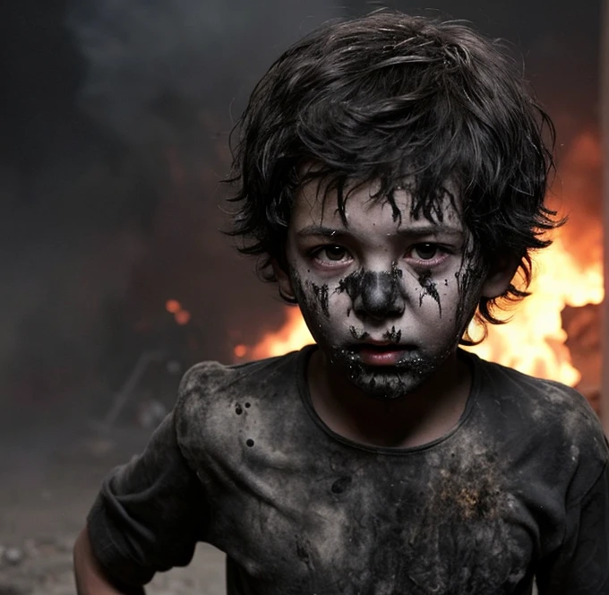 A boy covered in soot gets caught in an explosion during a comedy-drama explosion scene