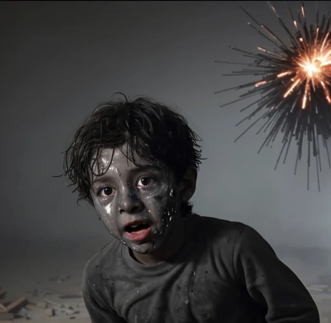 A boy covered in soot gets caught in an explosion during a comedy-drama explosion scene