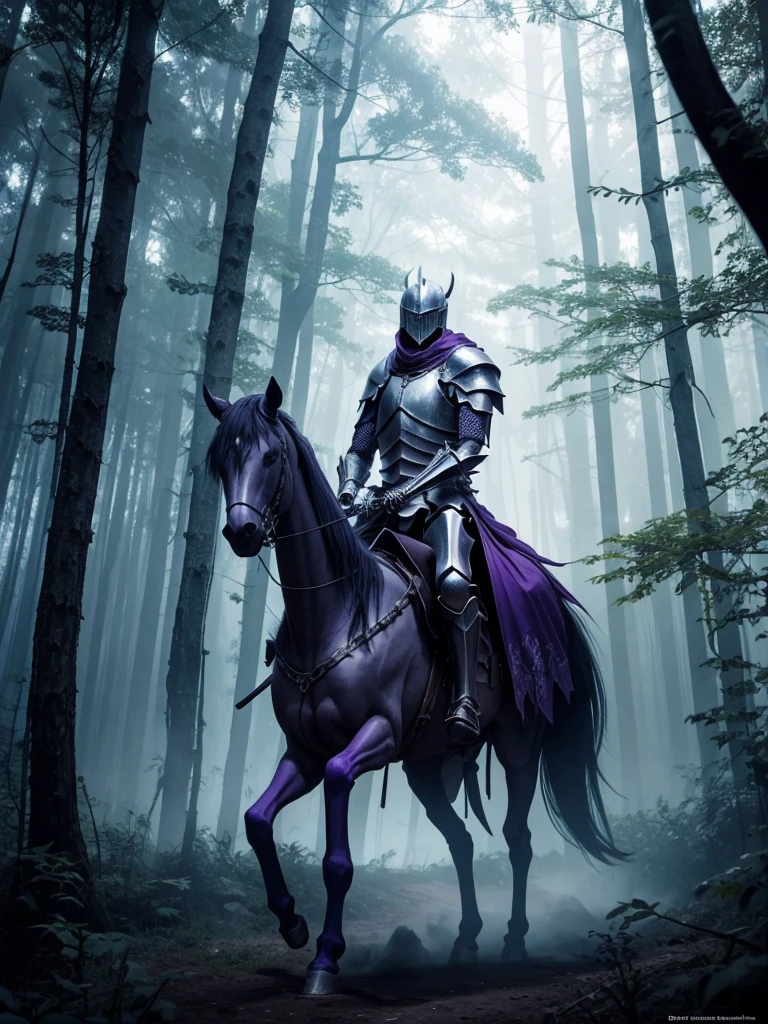 Knight riding a skeleton horse, they come from a mist forest, the knight hold a great dark purple sword