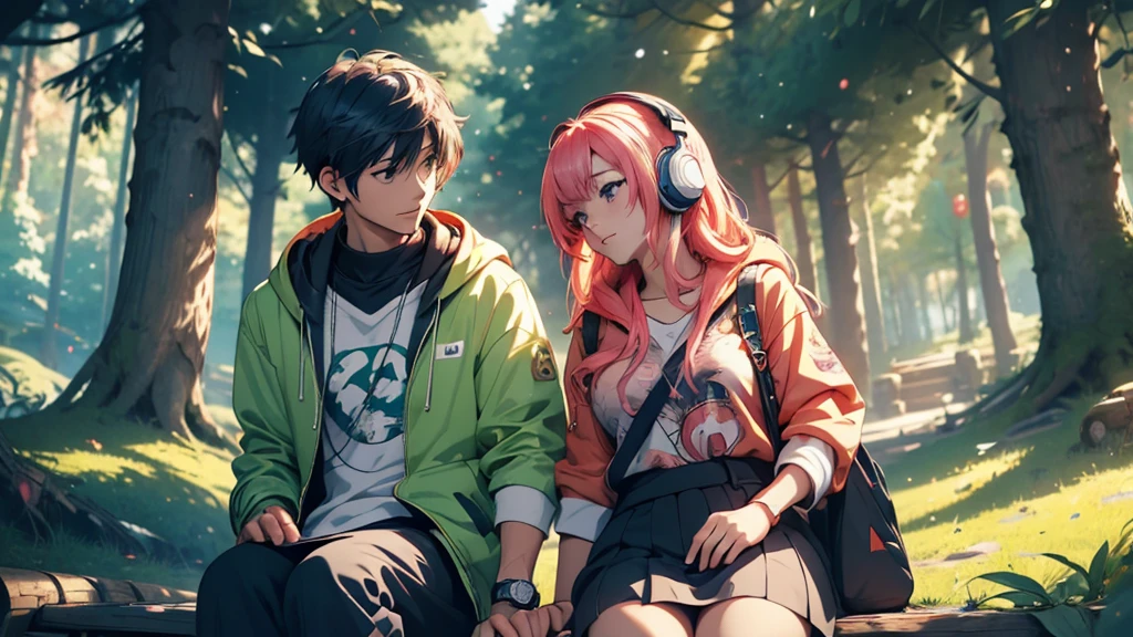 Woman wearing headphones, Anime Style 4 k, anime wallpaper 4k, anime wallpaper 4k, 4k anime wallpaper, anime art wallpaper 4k, anime art wallpaper 4k, Anime Style. 8K, Anime atmosphere, , Ultra HD Anime Wallpaper, Anime Art Wallpaper 8K, Anime Background,landscape、camp、camp、forest