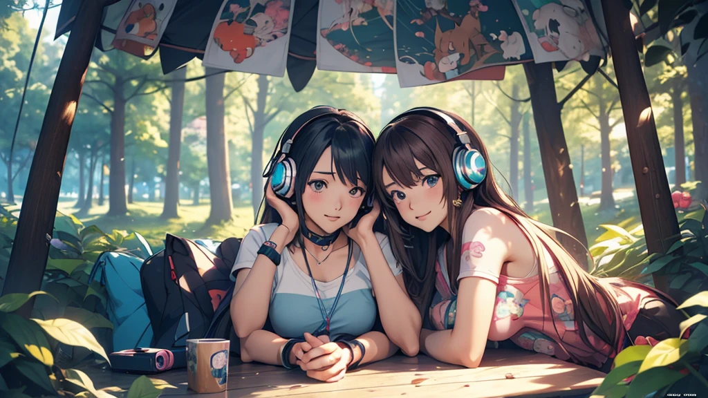 Woman wearing headphones, Anime Style 4 k, anime wallpaper 4k, anime wallpaper 4k, 4k anime wallpaper, anime art wallpaper 4k, anime art wallpaper 4k, Anime Style. 8K, Anime atmosphere, , Ultra HD Anime Wallpaper, Anime Art Wallpaper 8K, Anime Background,landscape、camp、camp、forest