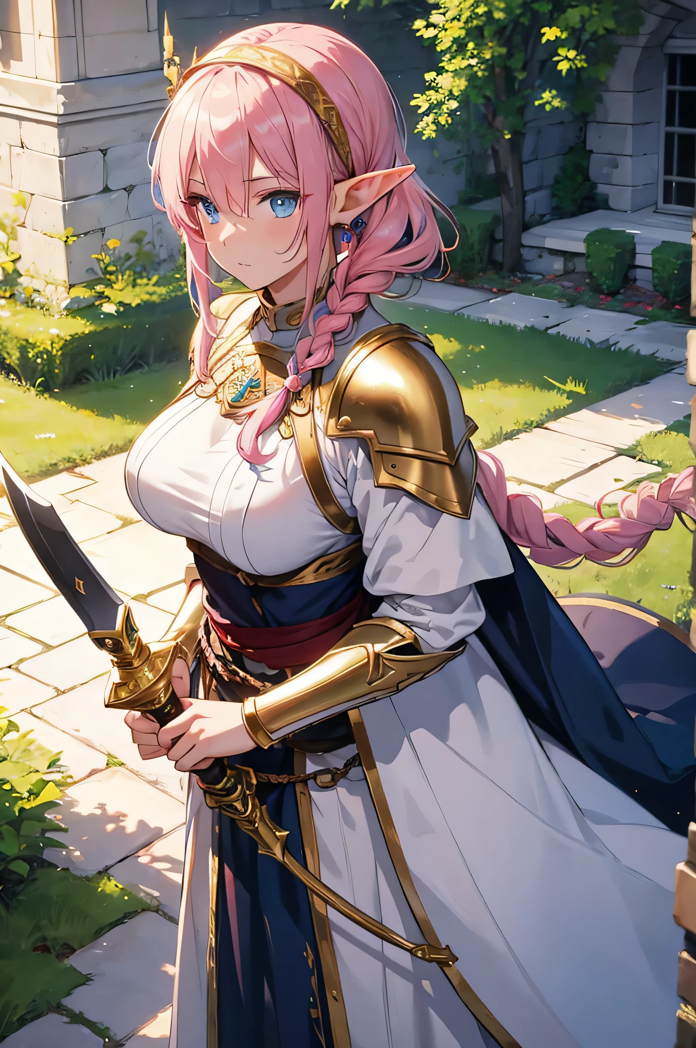 4K,High resolution,One Woman,Elf,Pink Hair,Long Ponytail,Braid,Blue Eyes,Big Breasts,knight,White sacred armor,Full Armor,hair band,Gold decoration,Jewelry decoration,Long sword,Medieval castle