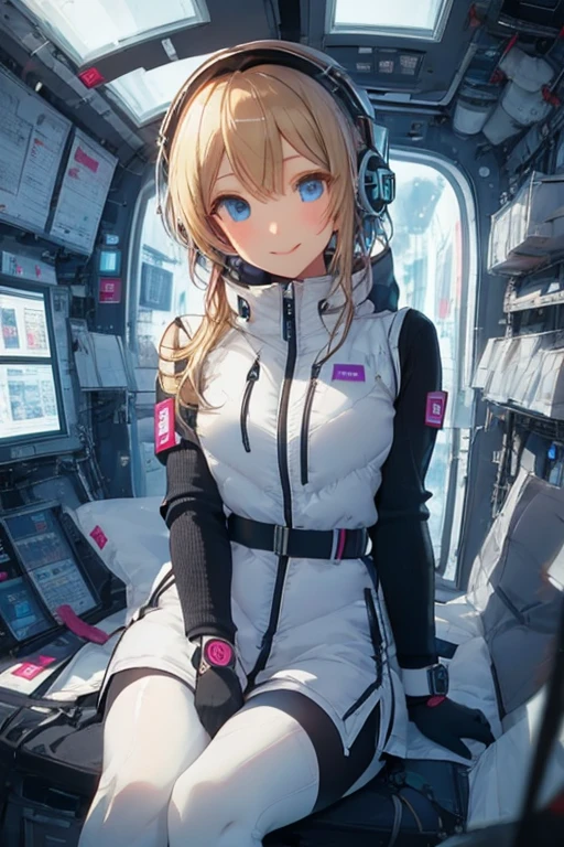 masterpiece, highest quality, high resolution, breasts, 20yo,1 girl,(solo):2,,blonde hair,(inside space station):2,flying:2,floatong:2,zero gravity,wind:1.5,anime lovelive style,
BREAK
headphone,(futurstic tight-fit bodysuit):2,(shiny silver long downvest):100,(northface silver metallic puffy downvest):2,(puffy):2,(black sleeves):5,(black tights):2,(black belt),futuristic boots and gloves,(smartwatch):100,astrovest
BREAK
1 girls, sitting in spacecraft cabin with 4-point seat belt, securely fastened, space station interior, looking out of large windows at Earth below, beautiful eyes, she have aluminum foil pouch,(aluminum foil pouch with plastic viewing window):2, contains nutritious liquid or puree together, smiling and chatting, bright and cheerful expressions, high quality cinematic lighting, detailed textures, sharp focus,blue hair,blue eyes,