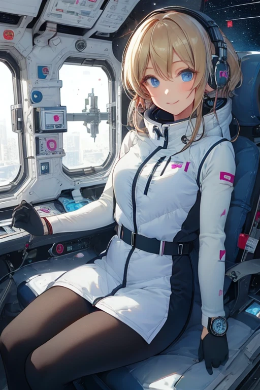 masterpiece, highest quality, high resolution, breasts, 20yo,1 girl,(solo):2,,blonde hair,(inside space station):2,flying:2,floatong:2,zero gravity,wind:1.5,anime lovelive style,
BREAK
headphone,(futurstic tight-fit bodysuit):2,(shiny silver long downvest):100,(northface silver metallic puffy downvest):2,(puffy):2,(black sleeves):5,(black tights):2,(black belt),futuristic boots and gloves,(smartwatch):100,astrovest
BREAK
1 girls, sitting in spacecraft cabin with 4-point seat belt, securely fastened, space station interior, looking out of large windows at Earth below, beautiful eyes, she have aluminum foil pouch,(aluminum foil pouch with plastic viewing window):2, contains nutritious liquid or puree together, smiling and chatting, bright and cheerful expressions, high quality cinematic lighting, detailed textures, sharp focus,blue hair,blue eyes,