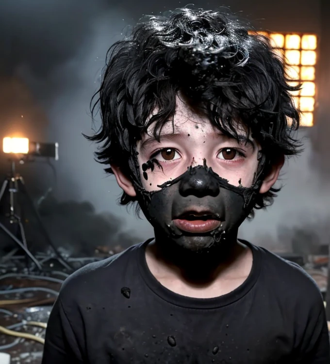He was caught in an explosion while filming a slapstick comedy.、A boy actor covered in soot and in tatters.