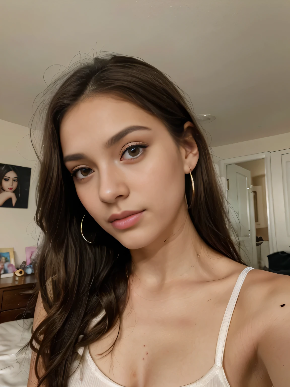 Photo of a 20 year old brunette woman, that has a very natural face, thin lips, thin eyes, thin eyebrows, thin nose, earrings, long eyelashes. She makes a cute selfie in her room wearing an exposing top on top of her bed