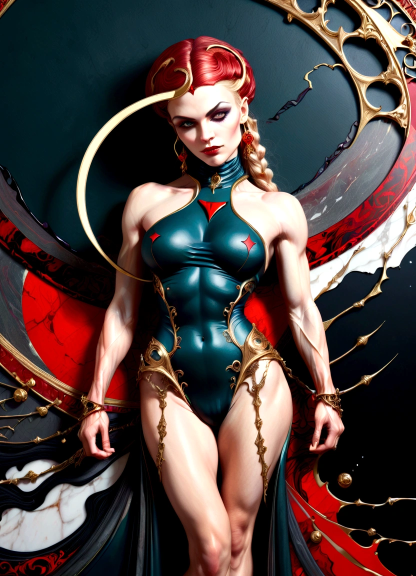 a beautiful illustration of a very muscular vampire girl in an abstract marble texture with a tarot style frame, with colors of obsidian black, shiny gold, and ruby red, highly detailed, intricate design, BY Anne Bachelier,