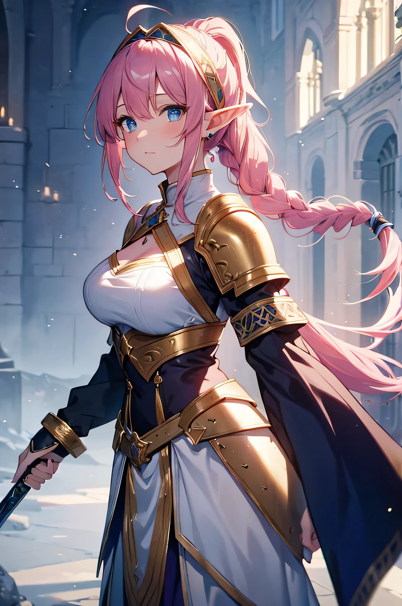 4K,High resolution,One Woman,Elf,Pink Hair,Long Ponytail,Braid,Blue Eyes,Big Breasts,knight,White sacred armor,Full Armor,hair band,Gold decoration,Jewelry decoration,Long sword,Medieval castle