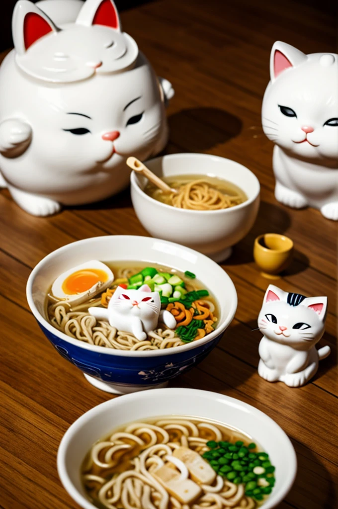 Maneki Neko cat savoring a delicious bowl of ramen