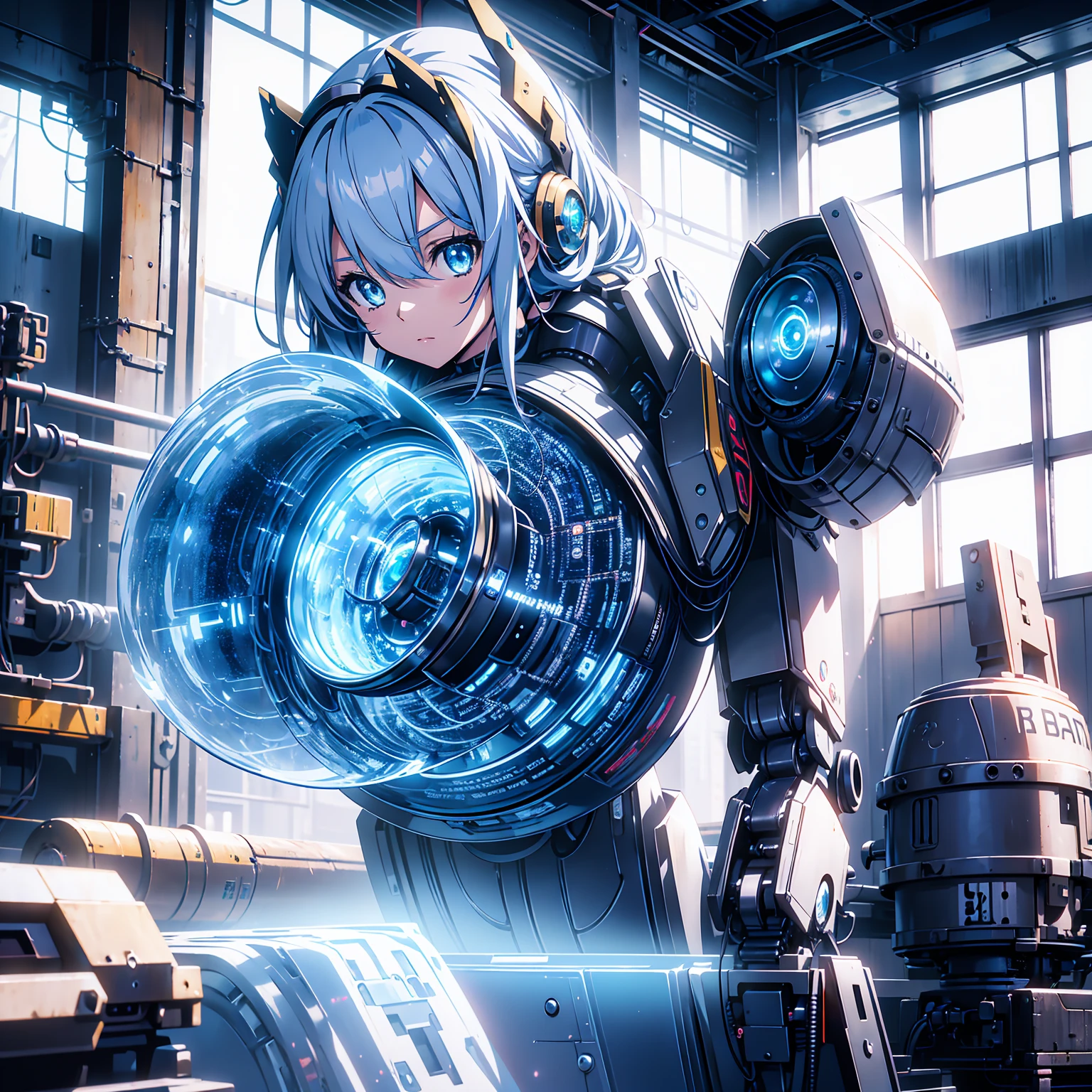 Anime characters, one age anime girl, silvery blue hair, bright blue star-shaped eyes, one Robot, Cape, Luminous Eyes, Rugged, Fantasy, Lights, outdated, old style, dark blue, bronze, Room with window, sitting