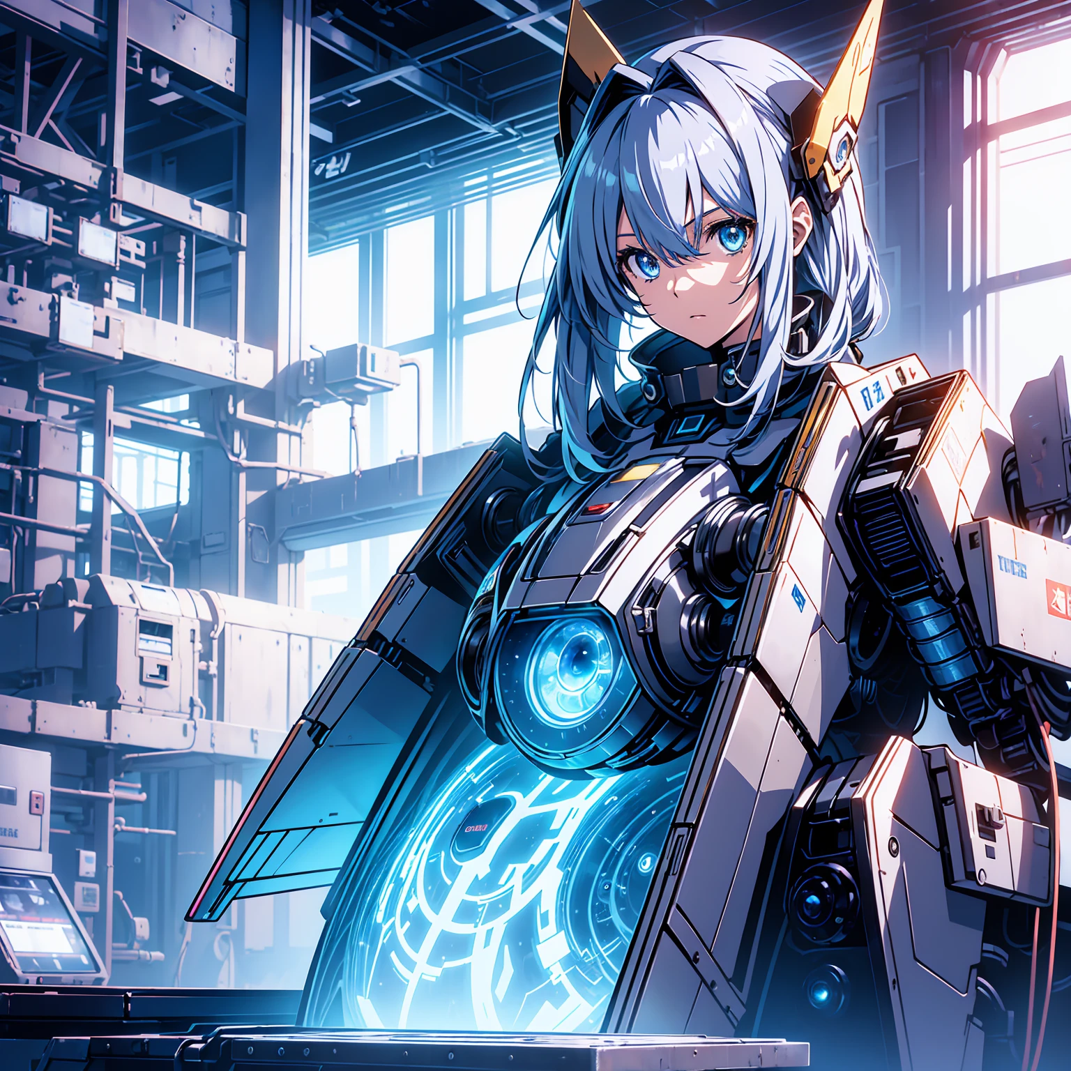 Anime characters, one anime girl, silvery blue hair, bright blue star-shaped eyes, one Robot, Cape, Luminous Eyes, Rugged, Fantasy, Lights, outdated, old style, dark blue, bronze, Room with window, sitting