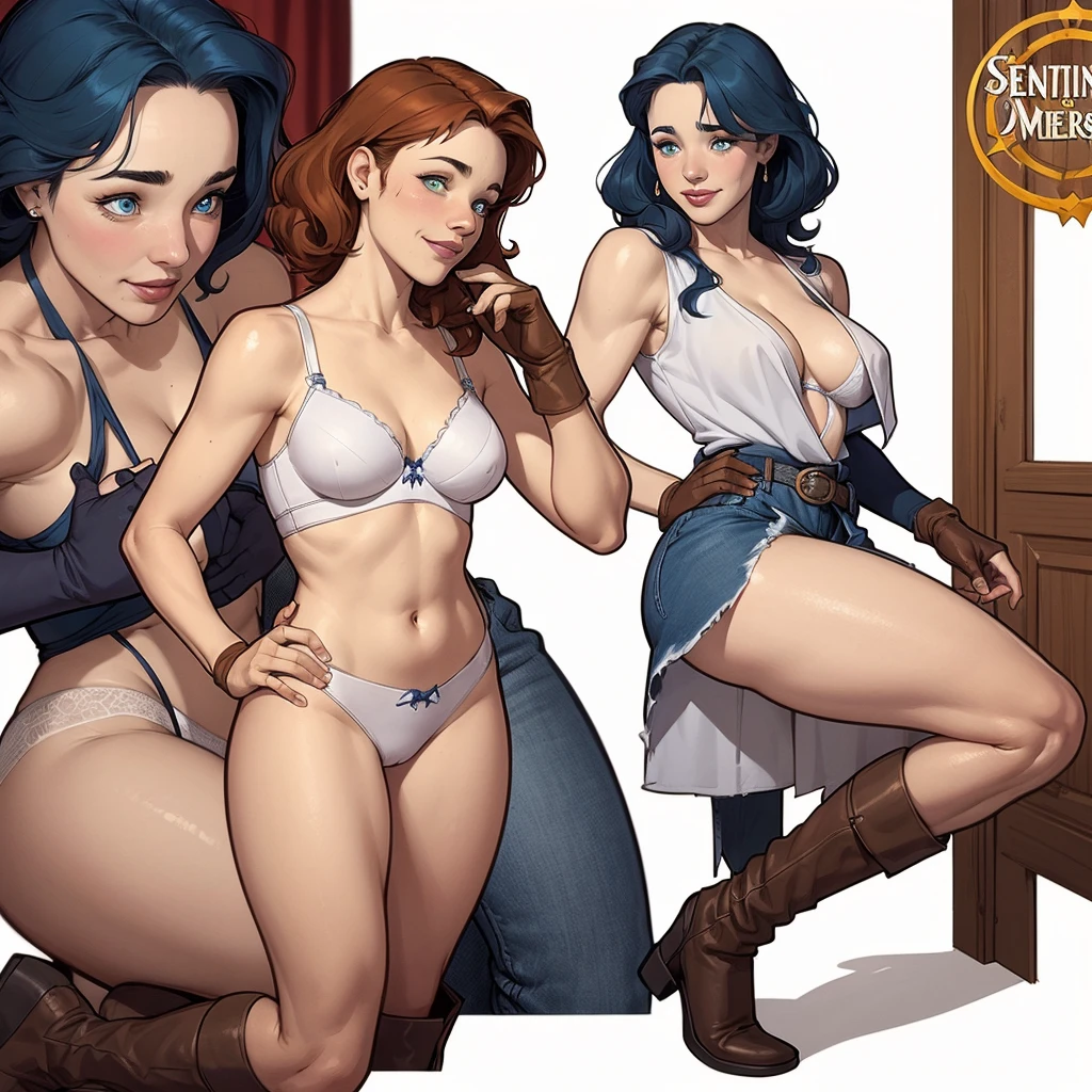 (cartoon style:1.2), Drawings of (Ginevra Molly Weasley), he used to smile, perfect green eyes, face detailed, White background, fun pose, seducing gaze,Full body wearing the Sanserina uniform, beautiful medium breasts and wonderful body cartoon style digital illustration. Wearing pantiesJennifer Connelly , , white bra, green vest, sleeveless, へそ, blue jeans, Brown boots, gloves fingerless, short gloves, slightly-smile, shorth hair, wavy hair, parted bangs, blue colored eyes, wart under the right eye, old american west, sunny desert background, waist belt, best qualityer, Artwork Jennifer Connelly nude without clothes, Beautiful breasts