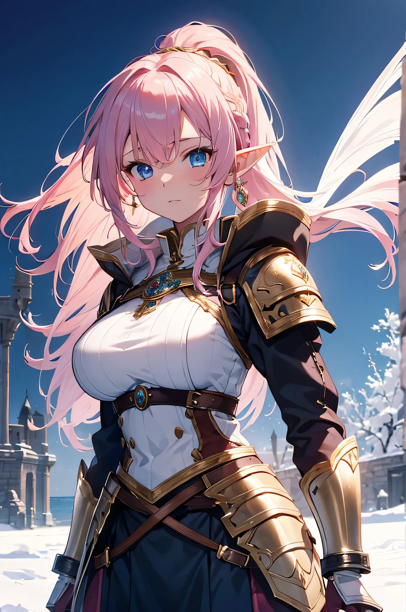 4K,High resolution,One Woman,Elf,Pink Hair,Long Ponytail,Braid,Blue Eyes,Big Breasts,knight,White sacred armor,Full Armor,hair band,Gold decoration,Jewelry decoration,Long sword,Medieval castle