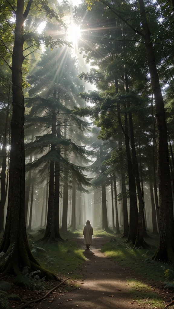 A mist-covered ancient forest at dawn, with sunlight filtering through the dense foliage. Amidst the trees stands a solitary figure, dressed in robes adorned with celestial symbols. Their gaze is fixed upwards, where a luminous portal hovers, radiating soft beams of light. Animals native to the forest gather around, peacefully observing this mystical scene, conveying a sense of harmony between nature and the spiritual realm."