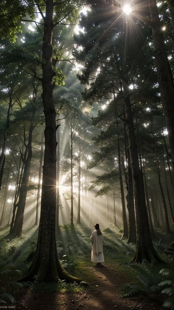 A mist-covered ancient forest at dawn, with sunlight filtering through the dense foliage. Amidst the trees stands a solitary figure, dressed in robes adorned with celestial symbols. Their gaze is fixed upwards, where a luminous portal hovers, radiating soft beams of light. Animals native to the forest gather around, peacefully observing this mystical scene, conveying a sense of harmony between nature and the spiritual realm."