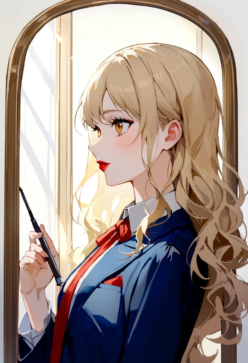 1 girl,Home office room with white background,Girl-21 years old,navy blue blazer,stylish clothes,long blonde wavy blonde hair,(master part:1.4),(best qualityer:1.4),(shining skin),Red lips,looking at mirror,Simple makeup