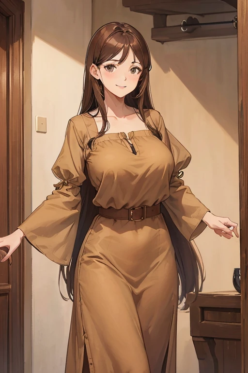 A straight haired brunette adult female wearing loose brown dress, warm brown colored linen shirt with low neckline and cuffed sleeves, medieval, brown hair, large long shaped tits, silly personalty, cute happy demeanor, sunny disposition, deredere, reference sheet,