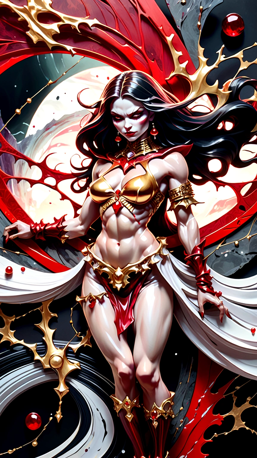 a beautiful illustration of a very muscular vampire girl in an abstract marble texture with a tarot style frame, with colors of obsidian black, shiny gold, and ruby red, highly detailed, intricate design, BY Anne Bachelier,