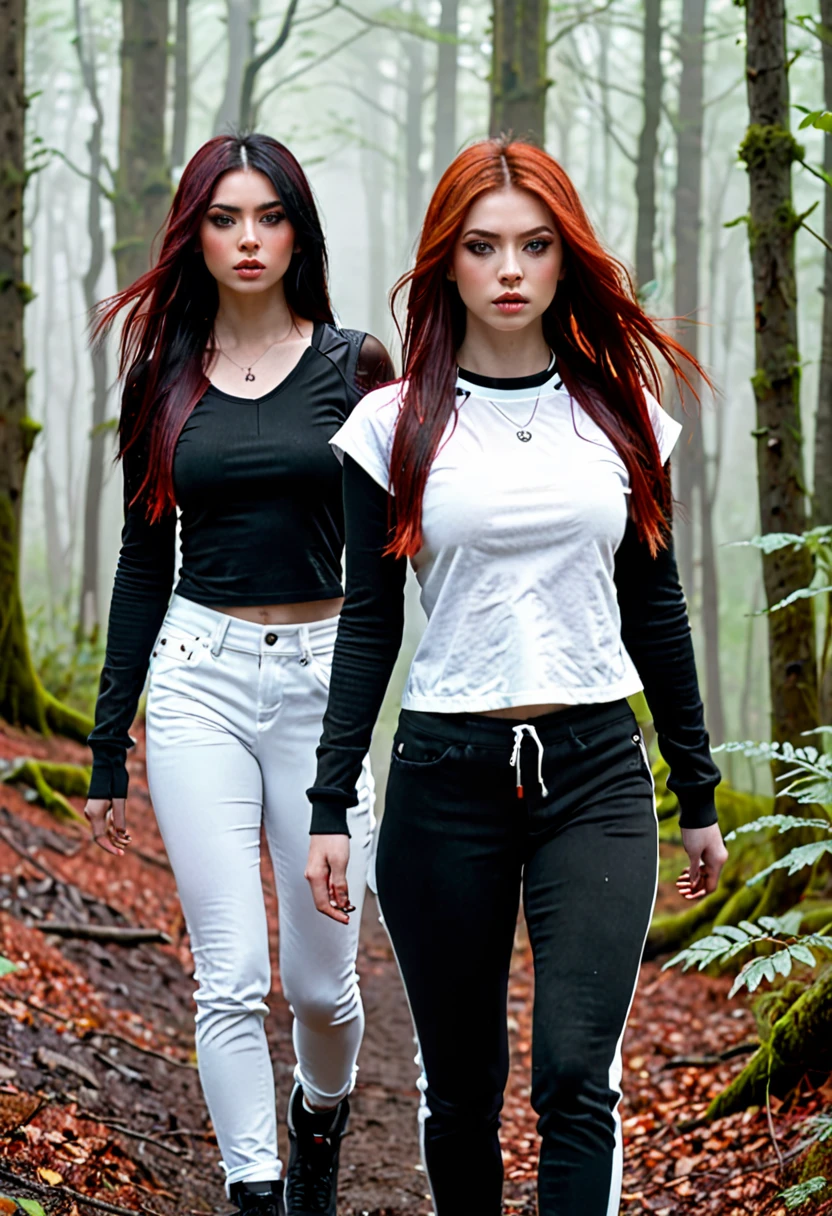 girl with black hair with long straight red highlights, Eyes red, dominant and dark look, veins in the neck and arm. black cropped outfit and black sweatpants, walking in a foggy forest, next to her friend a 16 year old girl, orange red hair, greeneyes, white cropped outfit and white jeans, in the style of the Shadowhunters series, very realistic