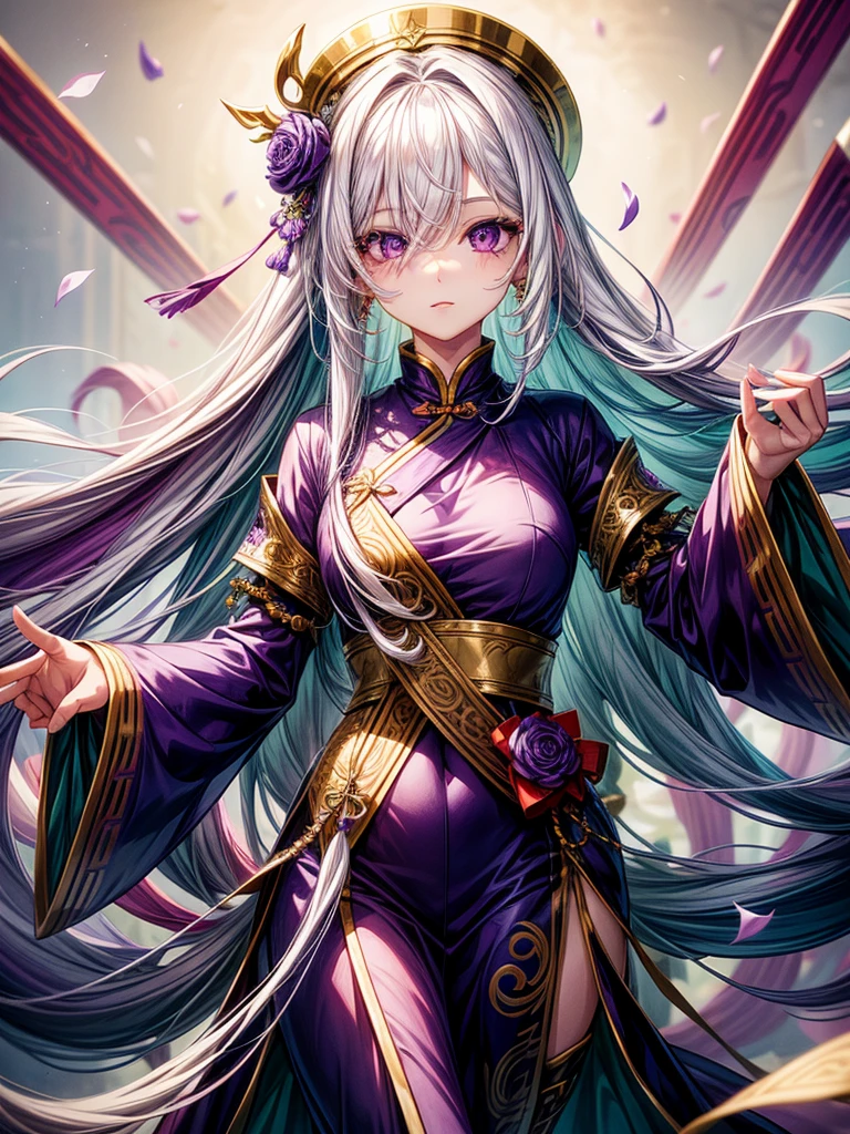 1girl, female, very long hair, white hair, hair covering one eye, purple eyes, purple petals, purple effects, chinese clothes, masterpiece, high quality, pastel colors,