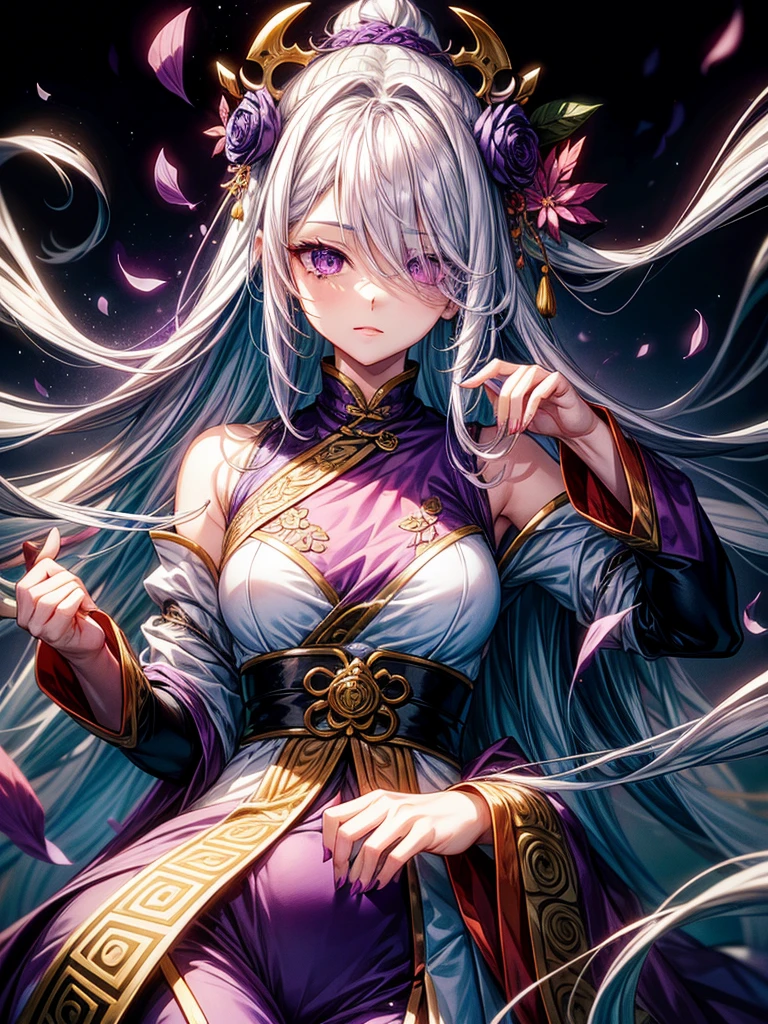 1girl, female, very long hair, white hair, hair covering one eye, purple eyes, purple petals, purple effects, chinese clothes, masterpiece, high quality, pastel colors,